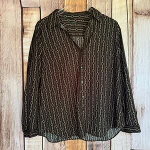 Ann Taylor Blouse Petite Chain Print Button-Down Black Long Sleeve Top Office